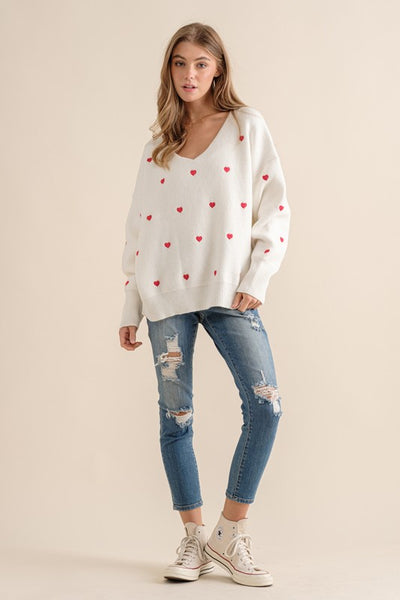 Embroidered Heart V Neck Pullover Sweater