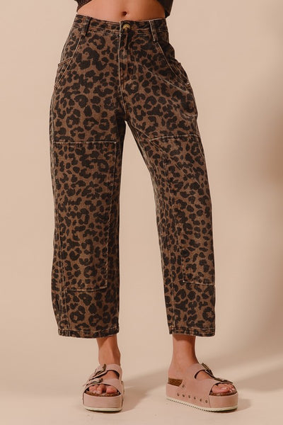 Leopard Print Twill Mid Rise Wide Leg Barrel Jeans