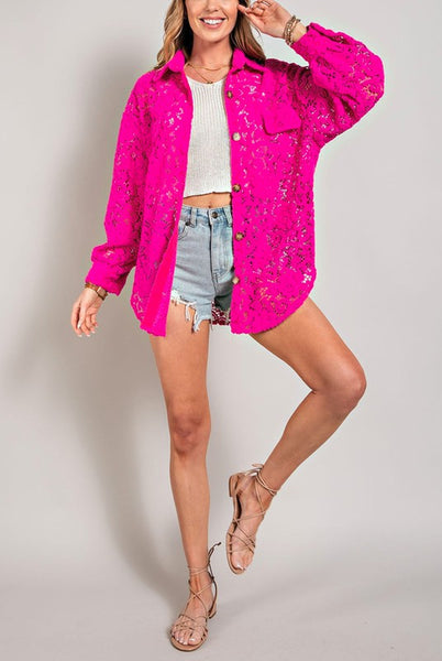 Hot Pink Lace Button Down Shacket