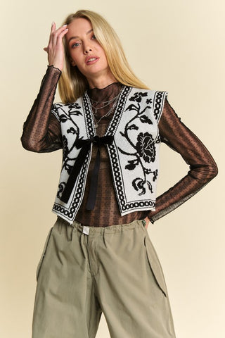 Floral Jacquard Tie Front Knit Vest