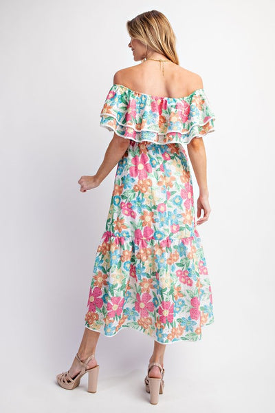 Eyelet Print Off Shoulder Tiered Dress