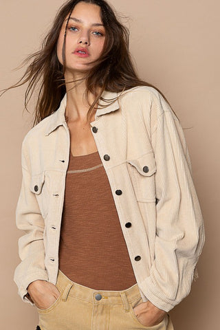 Button Down Distressed Hem Corduroy Jacket