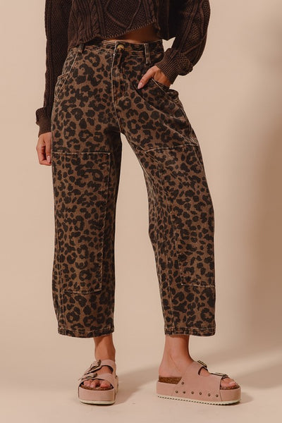 Leopard Print Twill Mid Rise Wide Leg Barrel Jeans