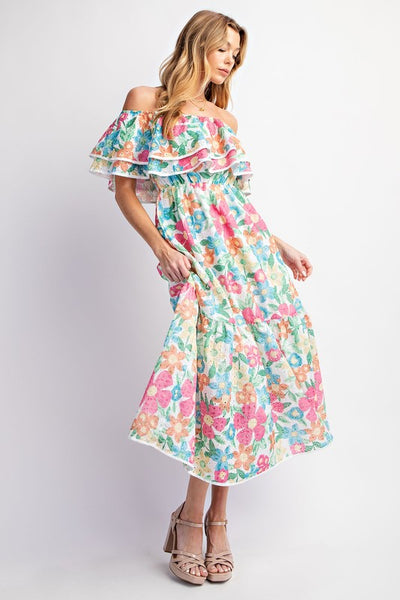 Eyelet Print Off Shoulder Tiered Dress