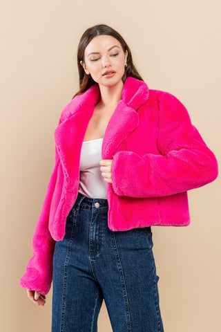 Hot Pink Faux Faur Cropped Jacket