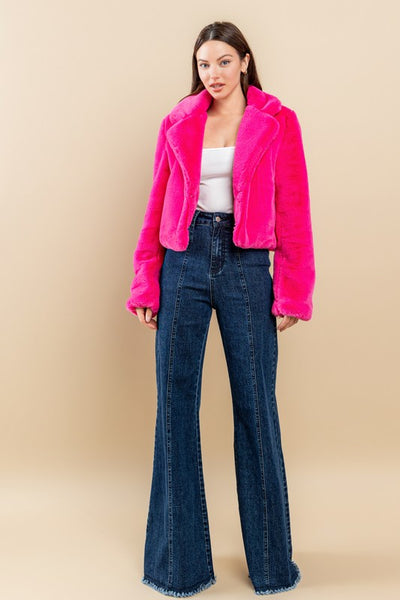 Hot Pink Faux Faur Cropped Jacket