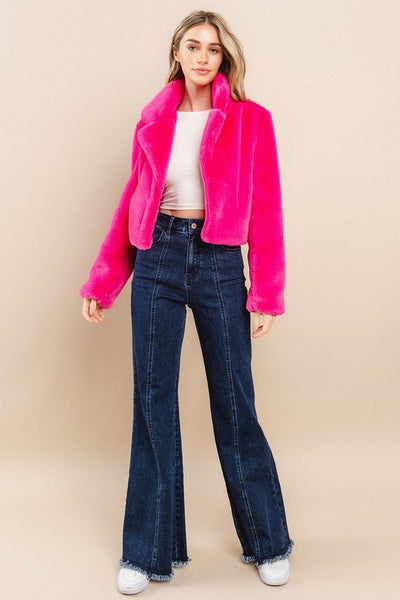 Hot Pink Faux Faur Cropped Jacket