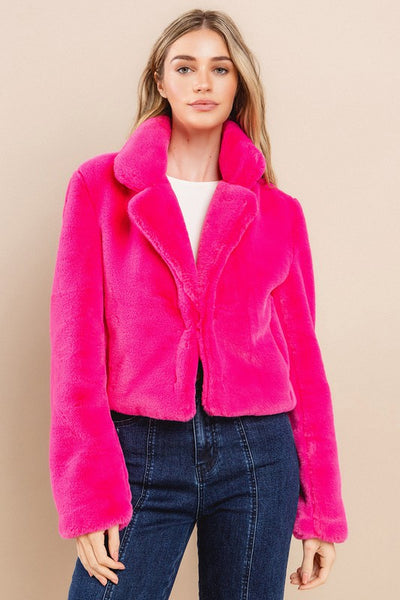 Hot Pink Faux Faur Cropped Jacket