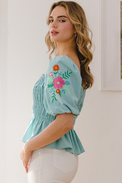 Embroidered Smocked Top