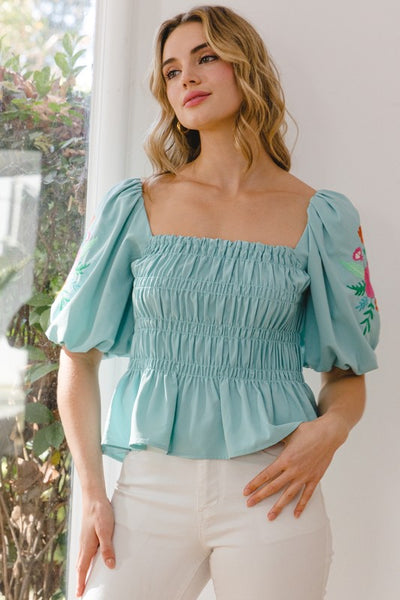 Embroidered Smocked Top