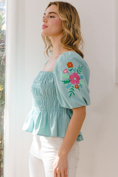 Embroidered Smocked Top