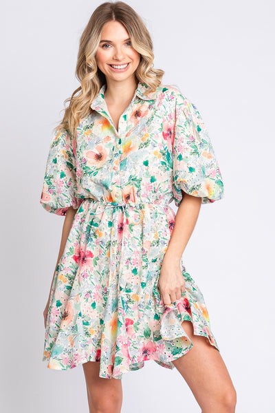 Eyelet Puff Sleeve Button-up Dress