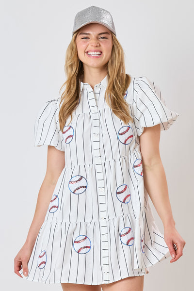 Baseball Sequin Stripe Printed Shirt Dress