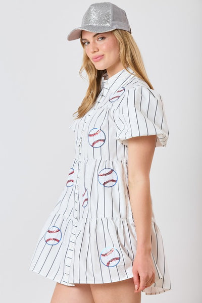 Baseball Sequin Stripe Printed Shirt Dress