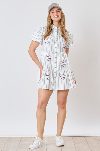 Baseball Sequin Stripe Printed Shirt Dress