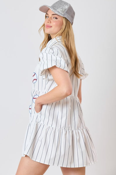 Baseball Sequin Stripe Printed Shirt Dress