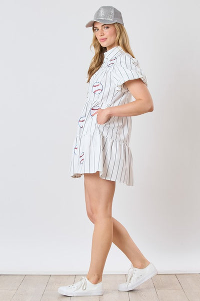 Baseball Sequin Stripe Printed Shirt Dress