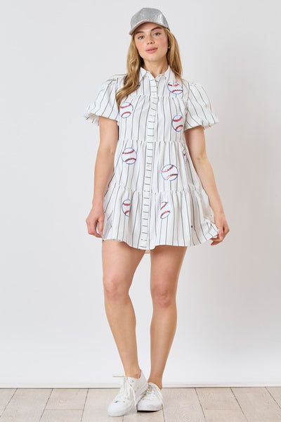 Baseball Sequin Stripe Printed Shirt Dress