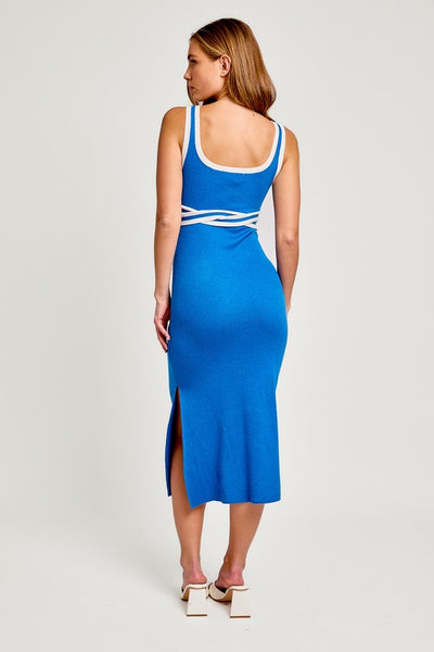 Square Neck Sleeveless Contrast Rib Midi Dress