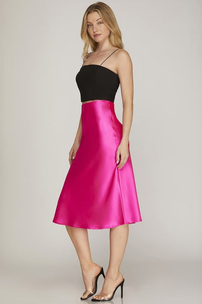 Hot Pink Satin Midi Skirt