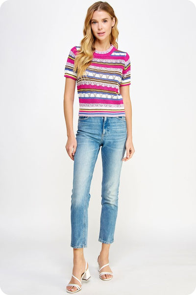 Multi Stripe Color Short Sleeve Crochet Knit Top