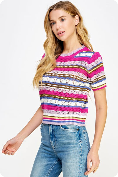 Multi Stripe Color Short Sleeve Crochet Knit Top