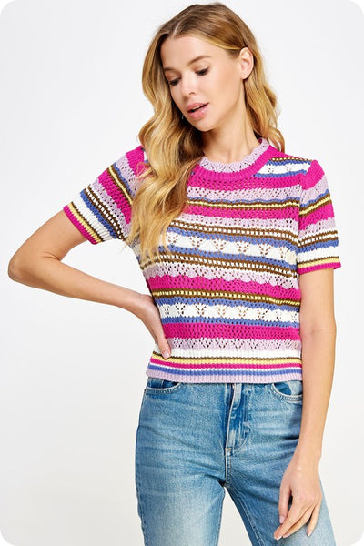 Multi Stripe Color Short Sleeve Crochet Knit Top