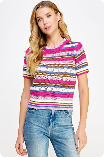 Multi Stripe Color Short Sleeve Crochet Knit Top