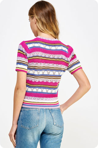 Multi Stripe Color Short Sleeve Crochet Knit Top