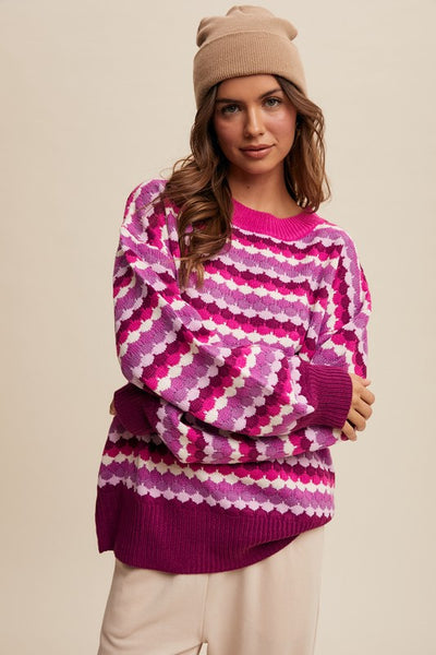 Scalloped and Striped Magenta Multi Sweater