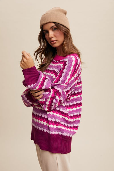 Scalloped and Striped Magenta Multi Sweater