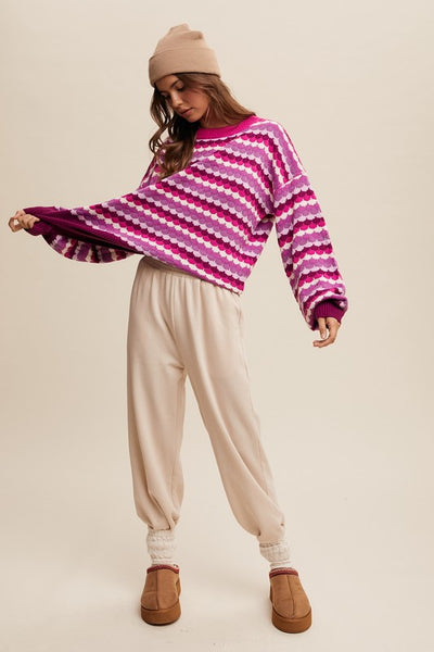 Scalloped and Striped Magenta Multi Sweater