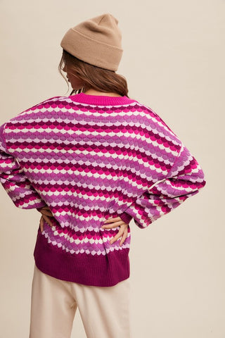 Scalloped and Striped Magenta Multi Sweater