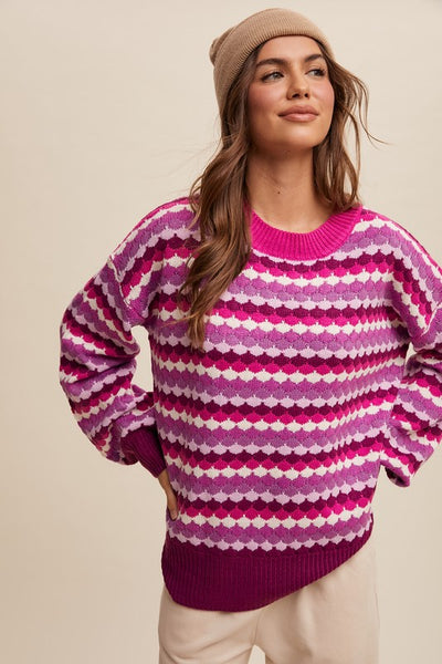 Scalloped and Striped Magenta Multi Sweater