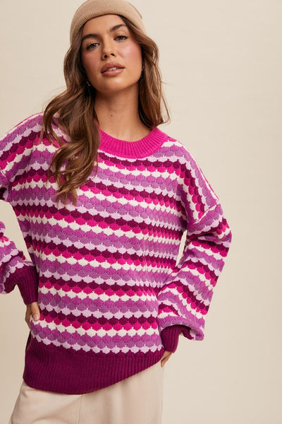 Scalloped and Striped Magenta Multi Sweater