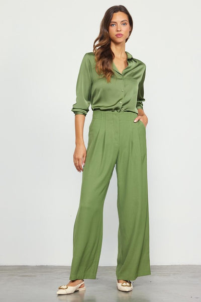 Olive Recycled Polyester Wide Leg Trouser Pants