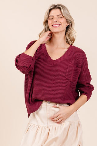 Garnet Ribbed Knit V Neck Sweater