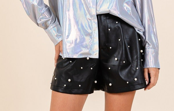 Black Vegan Leather Pearl Shorts