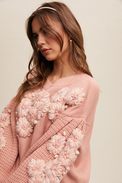 Hand Embroidered Flower Detail Knit Sweater