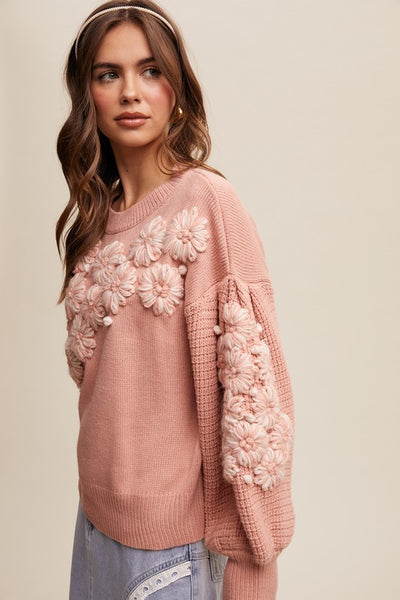 Hand Embroidered Flower Detail Knit Sweater