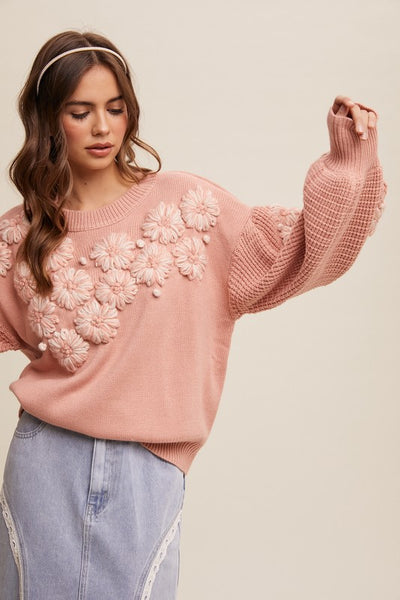 Hand Embroidered Flower Detail Knit Sweater