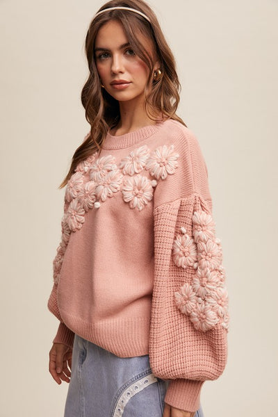 Hand Embroidered Flower Detail Knit Sweater