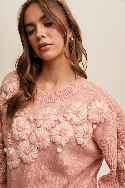 Hand Embroidered Flower Detail Knit Sweater