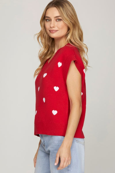 V Neck Heart Pattern Knit Sweater Vest