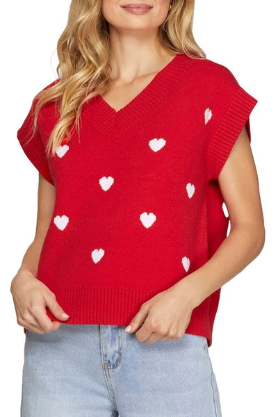 V Neck Heart Pattern Knit Sweater Vest