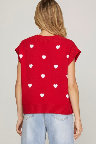 V Neck Heart Pattern Knit Sweater Vest