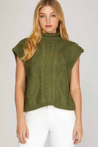 Sleeveless Mock Neck Cable Sweater Vest