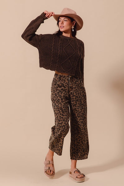 Leopard Print Twill Mid Rise Wide Leg Barrel Jeans