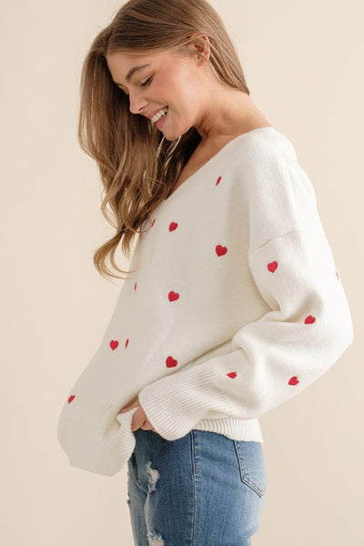 Embroidered Heart V Neck Pullover Sweater