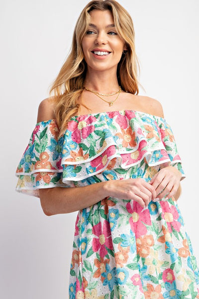 Eyelet Print Off Shoulder Tiered Dress